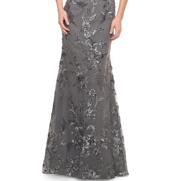 NWT La Femme 29976 Lace Mother of the Bride Dress Gunmetal Size 14